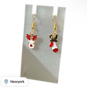 Christmas Dangle Earrings Reindeer & Stocking Holiday Gold Tone